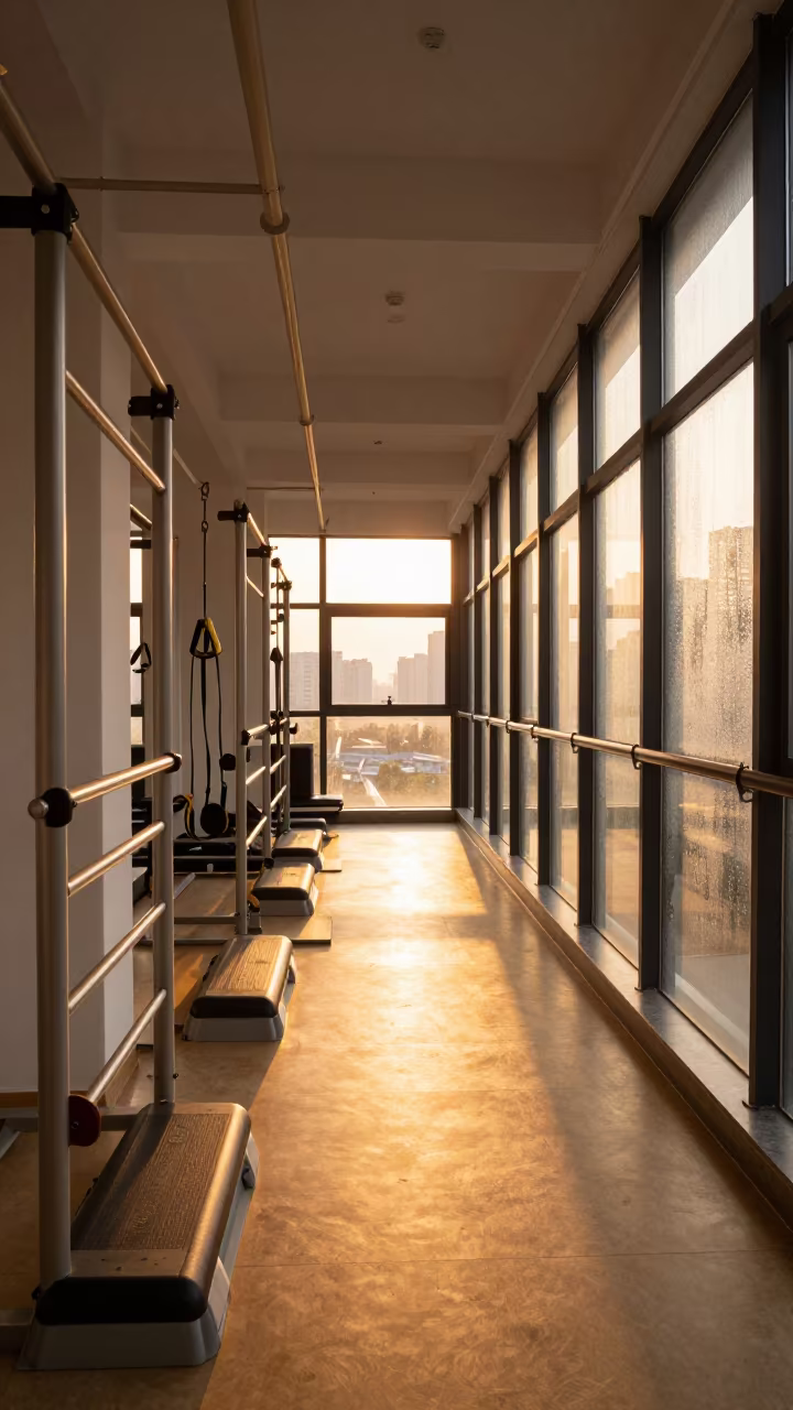Amber Sunset Light in Beijing Rehabilitation Gym in along a therapy corridor with organized equipment in Beijing Road, Guangzhou