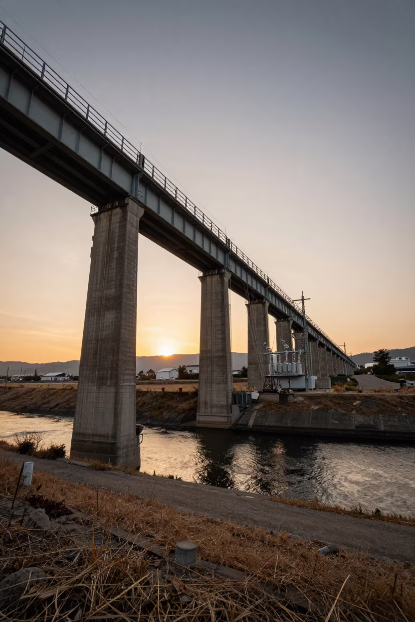 Amber Sunset Light on Canal Aqueduct Steel in along a levee path above floodwater in Fukuoka