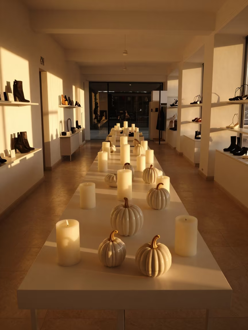 Amber Sunset Light on Candles and Pumpkins in inside a fitting room corridor in Annaba