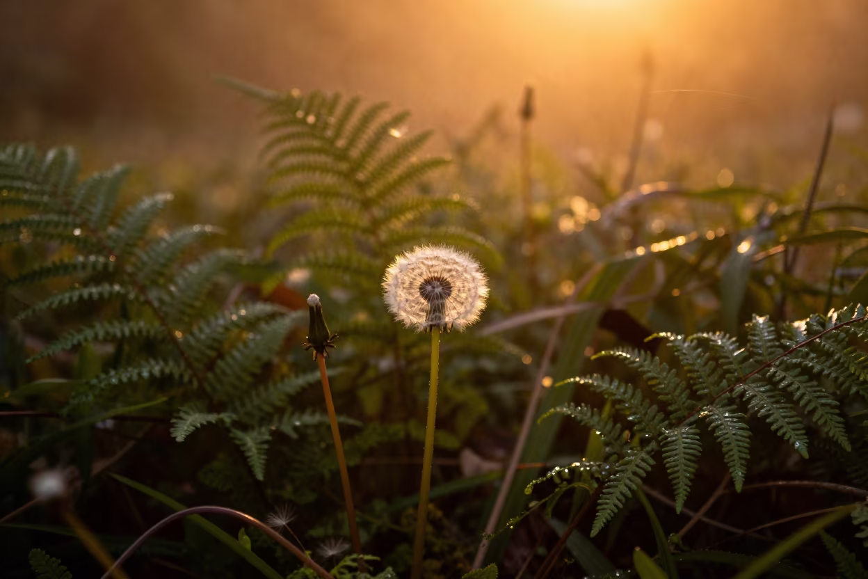 Amber Sunset Light on Dandelion Seed Head Singapore Forest in on a fern-lined forest floor near Singapore