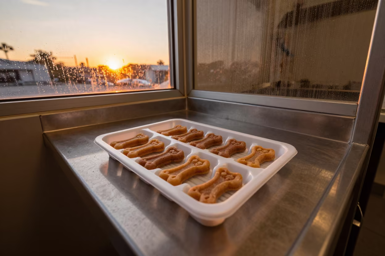 Amber Sunset Light on Dog Biscuit Tray in at a self-serve dog wash station near Ensenada