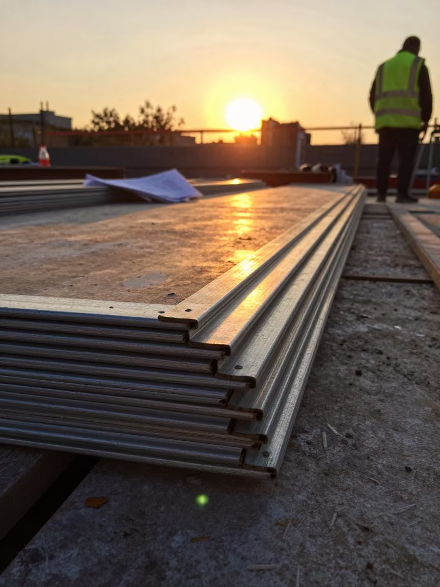Amber Sunset Light on Drywall Beads Anyang in at a drywall staging area near Anyang