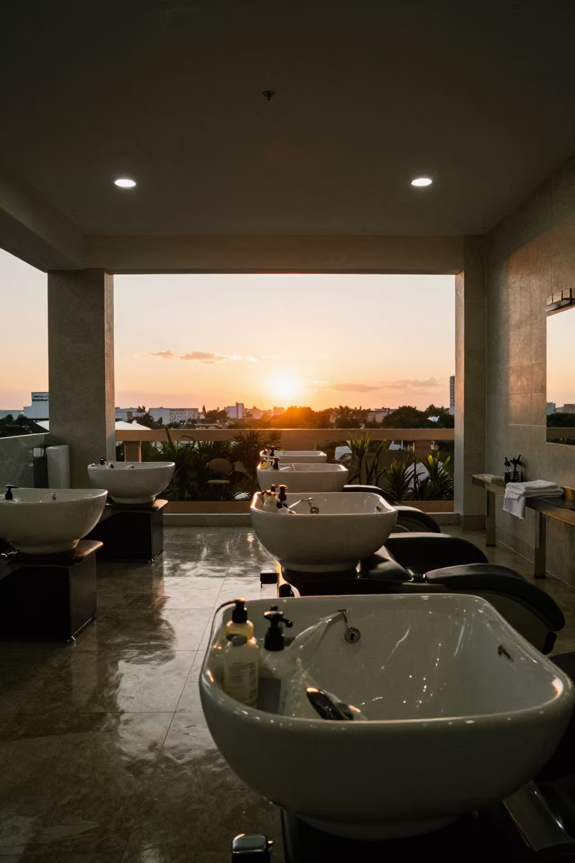 Amber Sunset Light in Fortaleza Shampoo Lounge in inside a skincare treatment room in Fortaleza