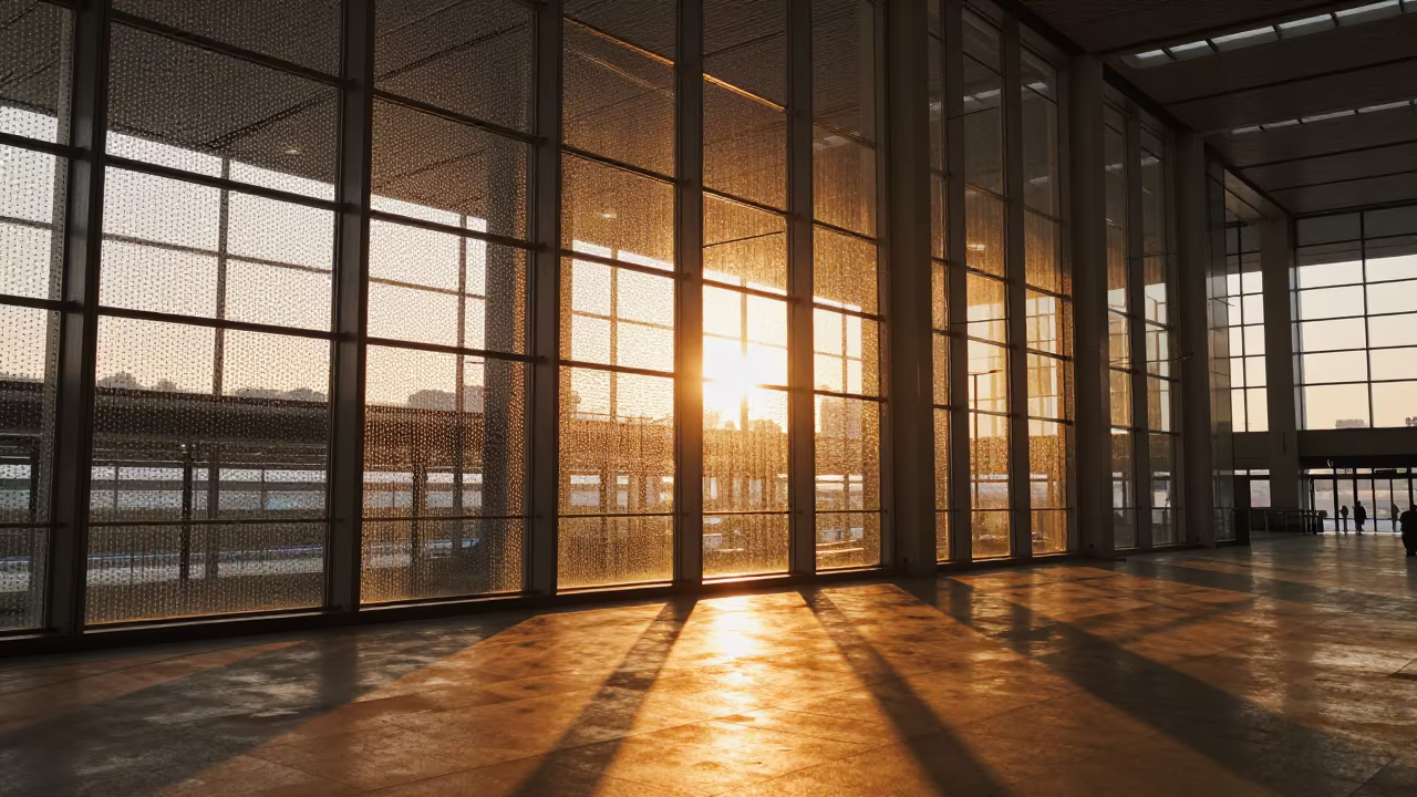 Amber Sunset Light Through Glass Beads in Wenzhou Terminal in inside a restored train terminal in Wenzhou