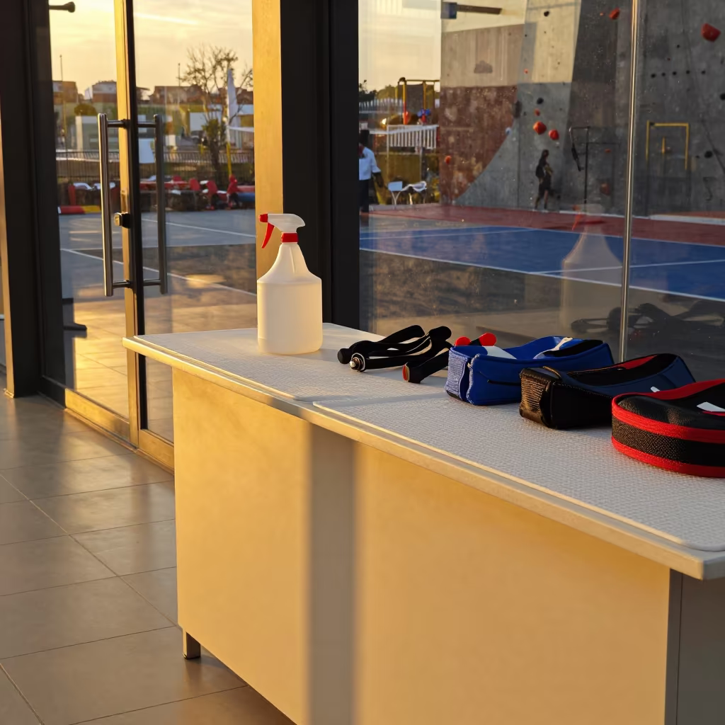 Amber Sunset Light on Gym Check-In Desk in at a gym check-in desk in Cordoba