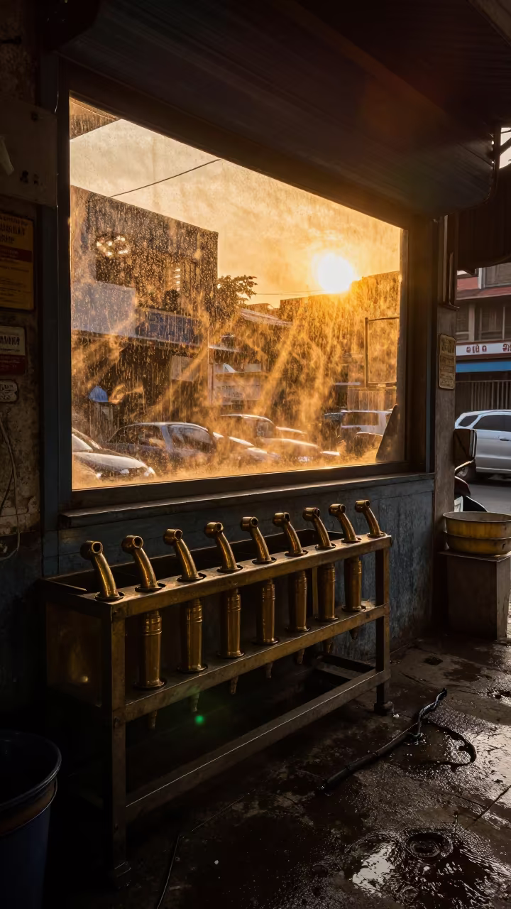 Amber Sunset Light on Hydrobath Nozzle Caddy in inside a fish bagging counter zone near Mumbai