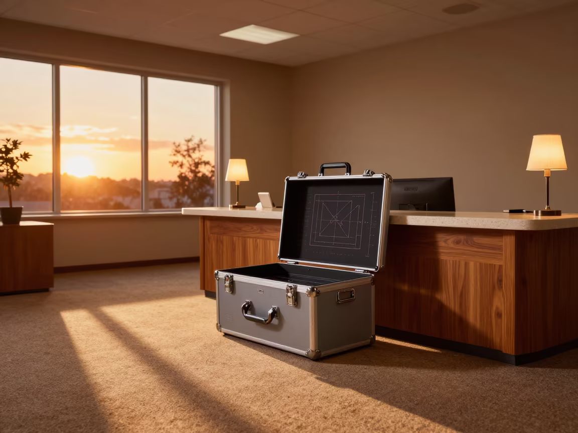 Amber Sunset Light on Laser Case at Pul-e Khomri Desk in at an office reception desk in Pul-e Khomri
