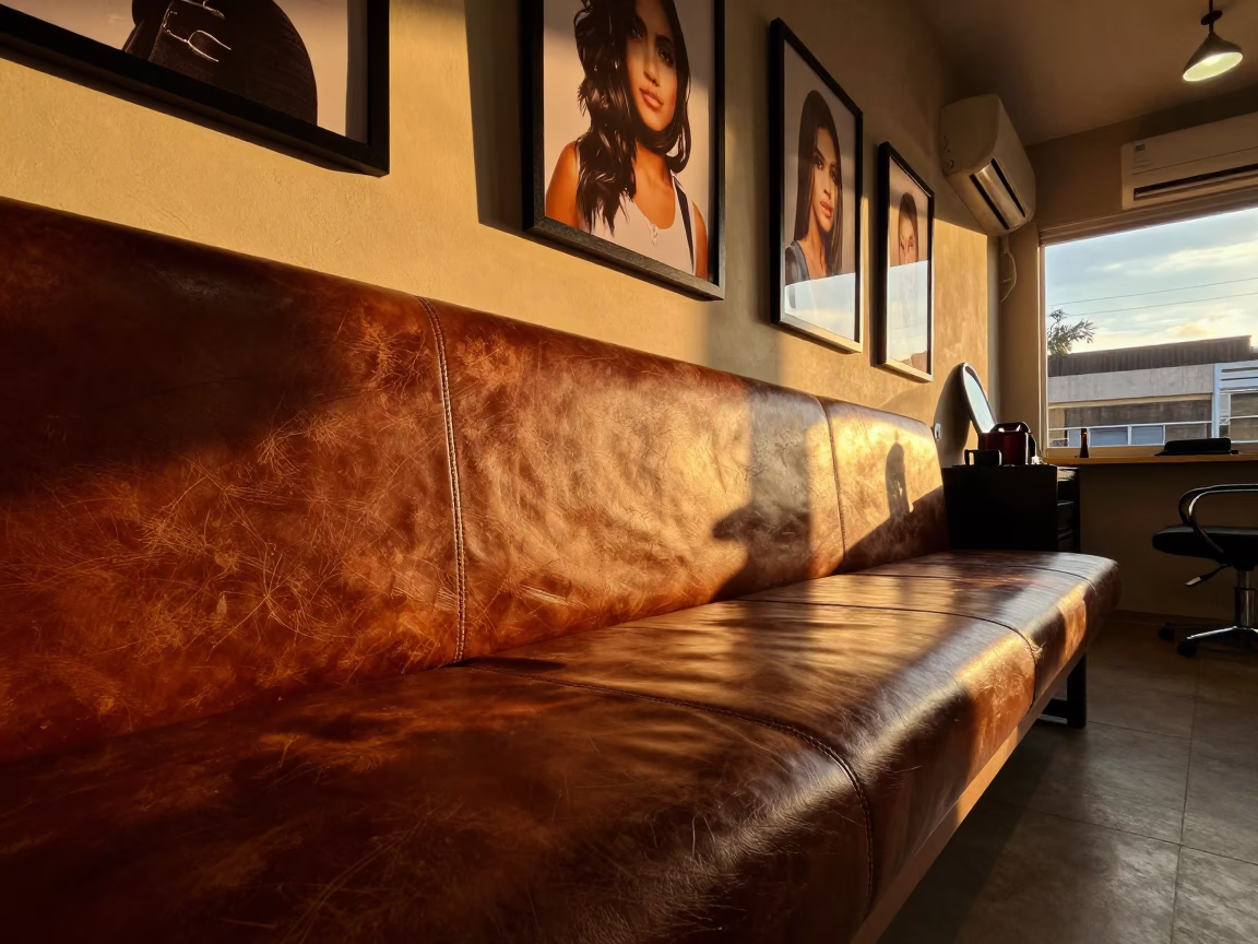 Amber Sunset Light on Leather Bench in Manaus Studio in inside a nail studio near Manaus