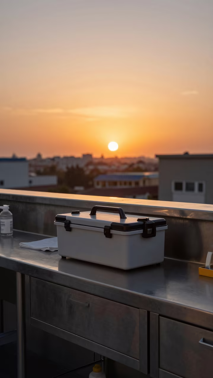 Amber Sunset Light on Medical Battery Caddy in in a surgical prep area in Latina