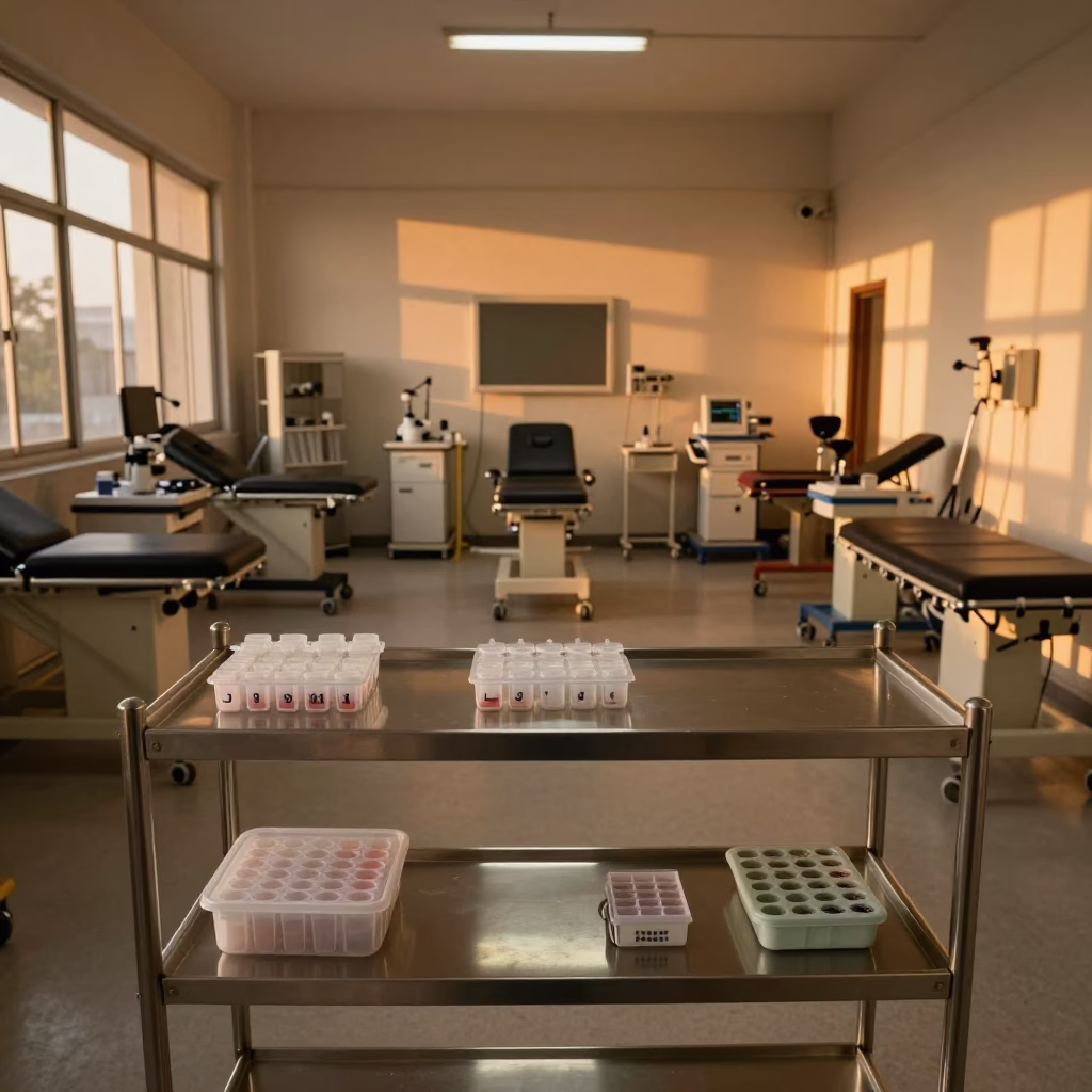 Amber Sunset Light on Medical Stool Kit Shelf in inside a recovery area with treatment stations aligned near Kanpur