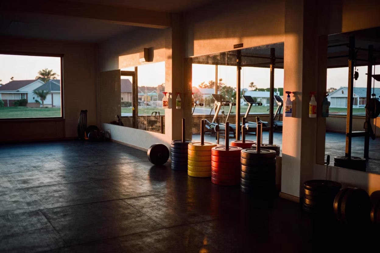 Amber Sunset Light in Mwanza Strength Room in inside a spin studio under class lights near Mwanza