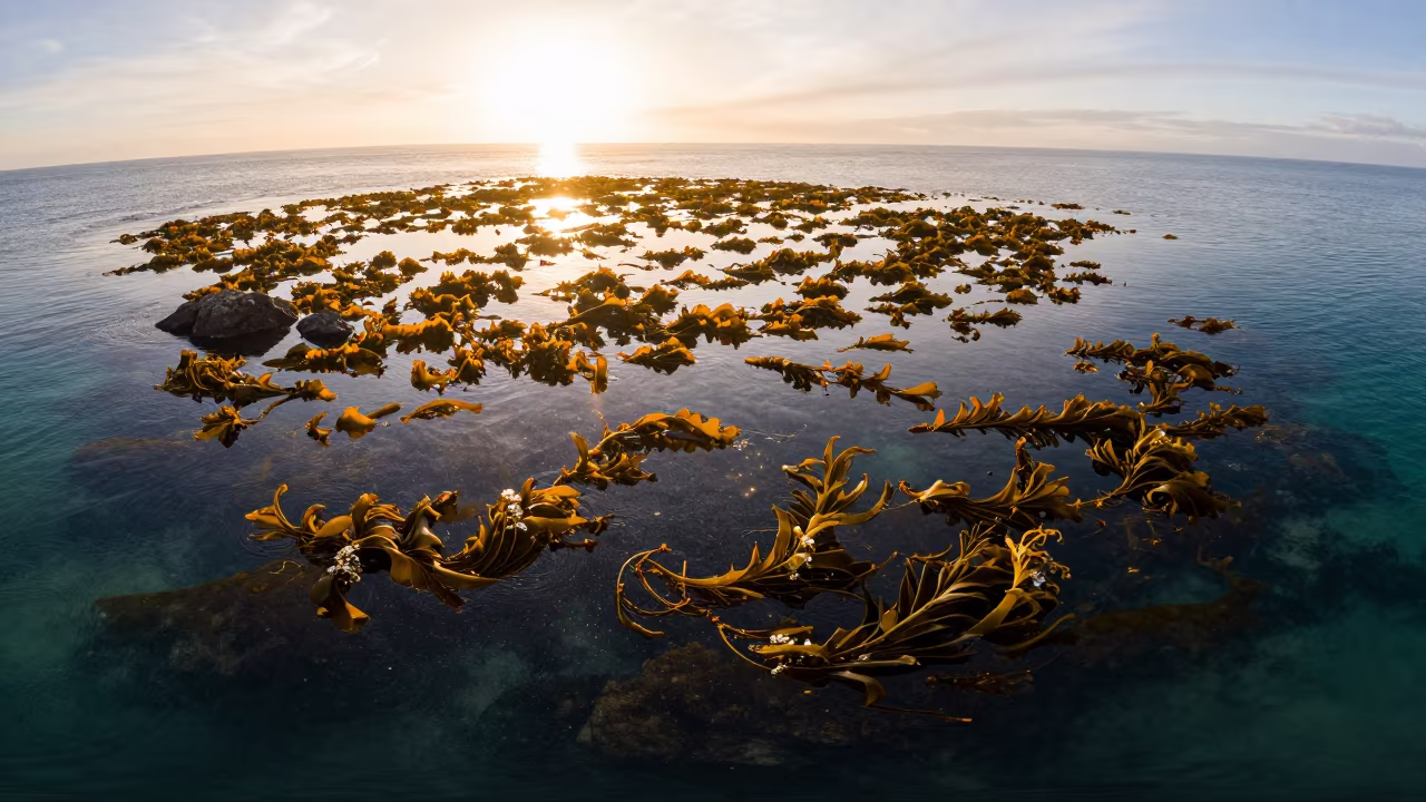 Amber Sunset Light Over Naples Kelp Forest in through kelp fronds beside a rocky shelf in Naples