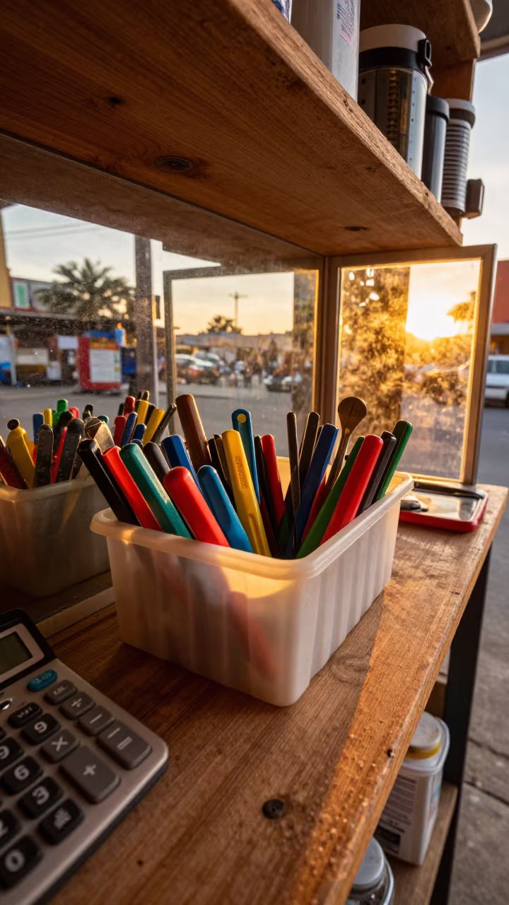 Amber Sunset Light on Shoehorn Bin in Huambo Stockroom in inside a stockroom behind the sales floor near Huambo