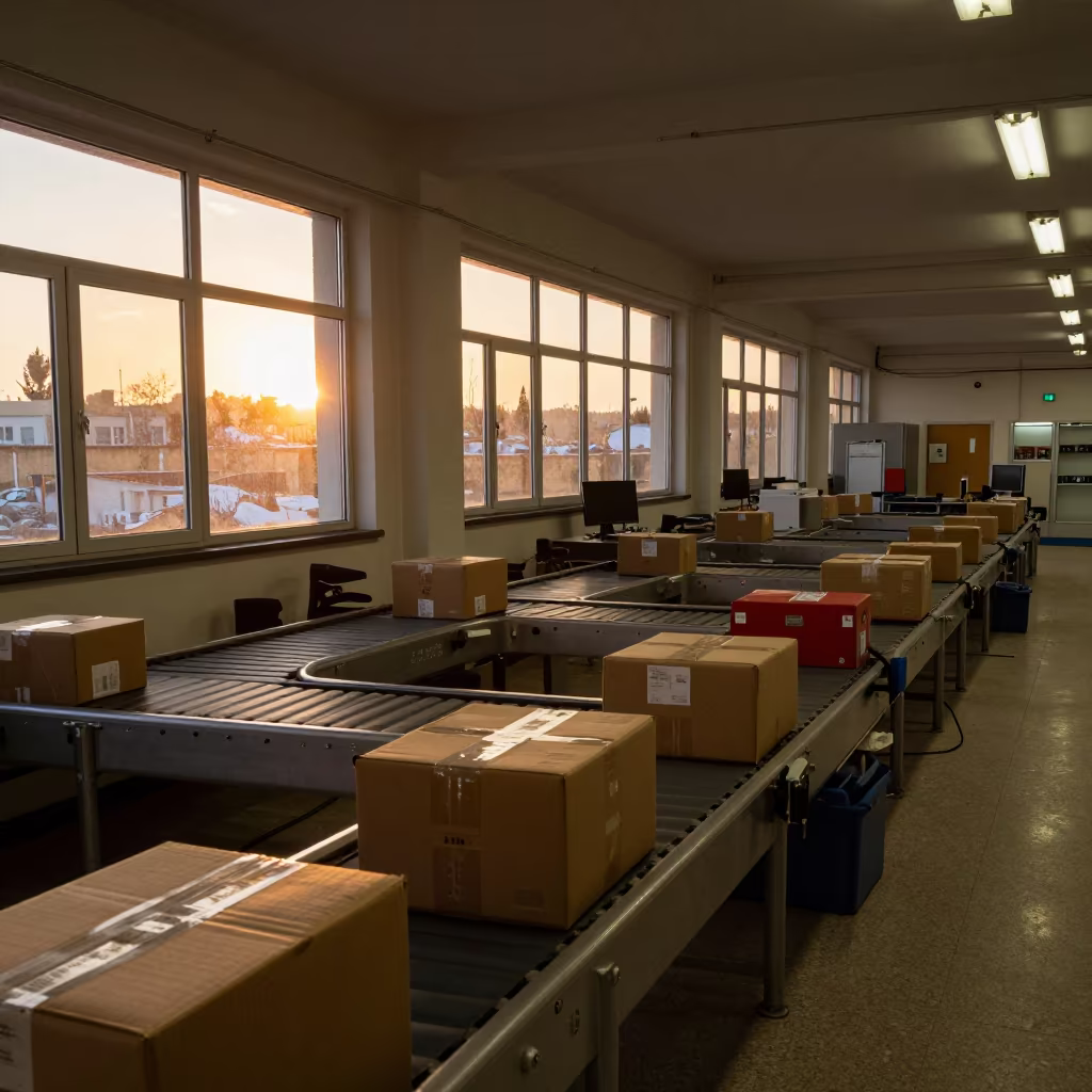 Amber Sunset Light on Ramallah Will-Call Window in at a parcel sorting belt in Ramallah