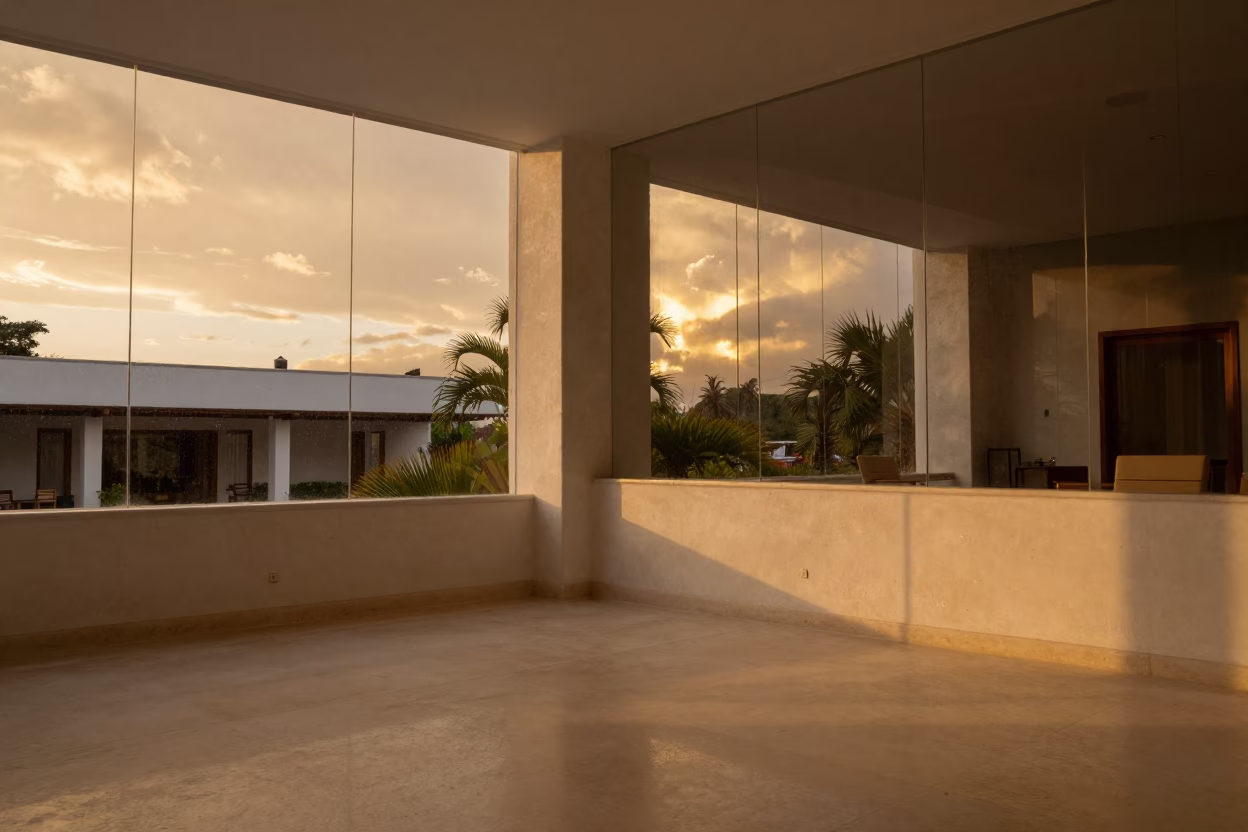 Amber Sunset Light in Salt Hotel Lobby Escuintla in inside a hotel lobby in Escuintla