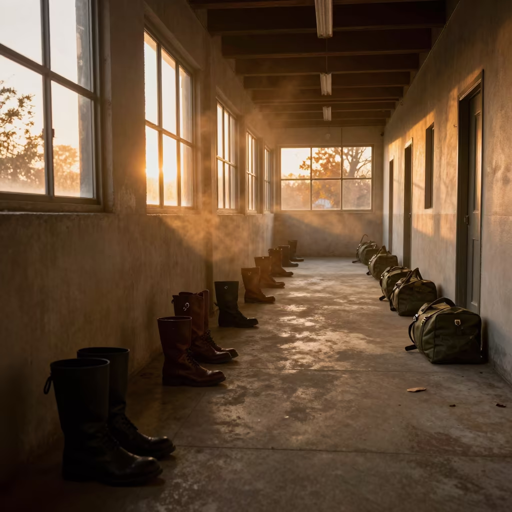 Amber Sunset Light in San Rafael Barracks Corridor in in a mess hall before service in San Rafael