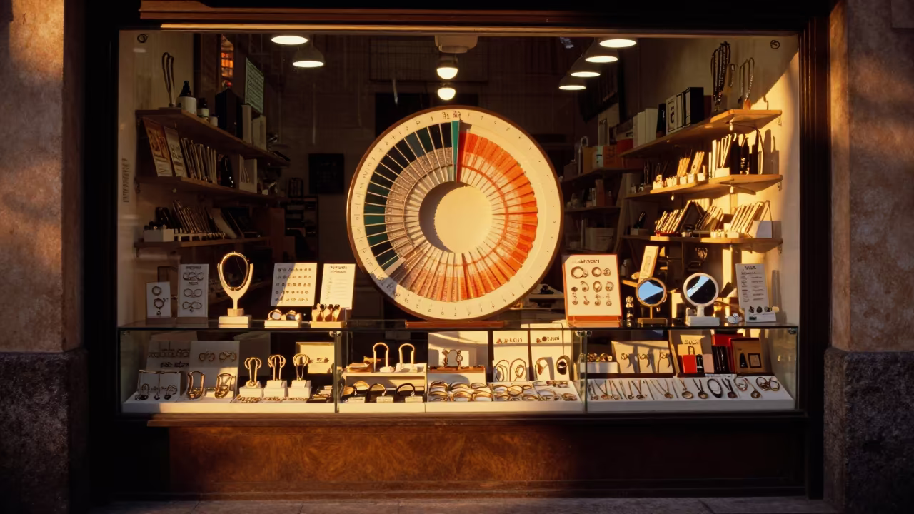 Amber Sunset Light on Skin Analysis Chart Stand in at a jewelry counter inside a covered bazaar in Barrio Italia, Santiago