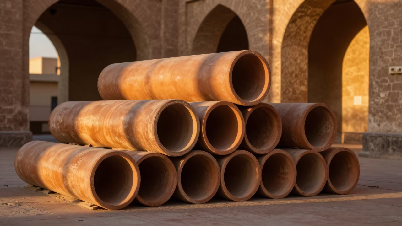 Amber Sunset Light on Stacked Terracotta Pipes in inside a vaulted atrium near Beni Suef