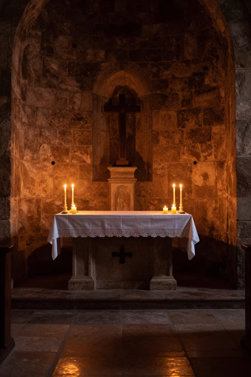 Amber Sunset Light on Stone Chapel Altar in inside a stone chapel in 6th of October