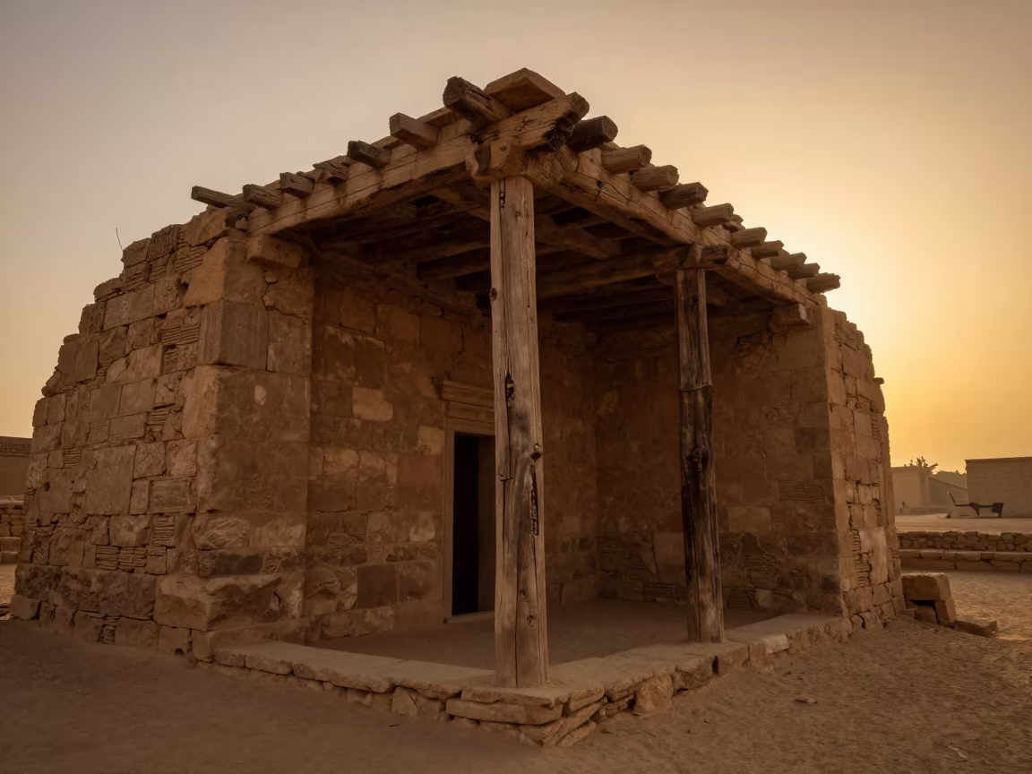 Amber Sunset Light on Termite Hollowed Church Ruins in among roofless stone chambers in the Nile Delta