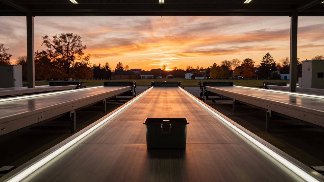 Amber Sunset Light on Trailer Lock Bin in at a parcel sorting belt near Aarhus