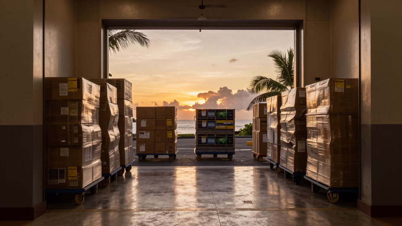 Amber Sunset Light in Victoria Seychelles Logistics Lobby in at a fulfillment packing station in Victoria Seychelles