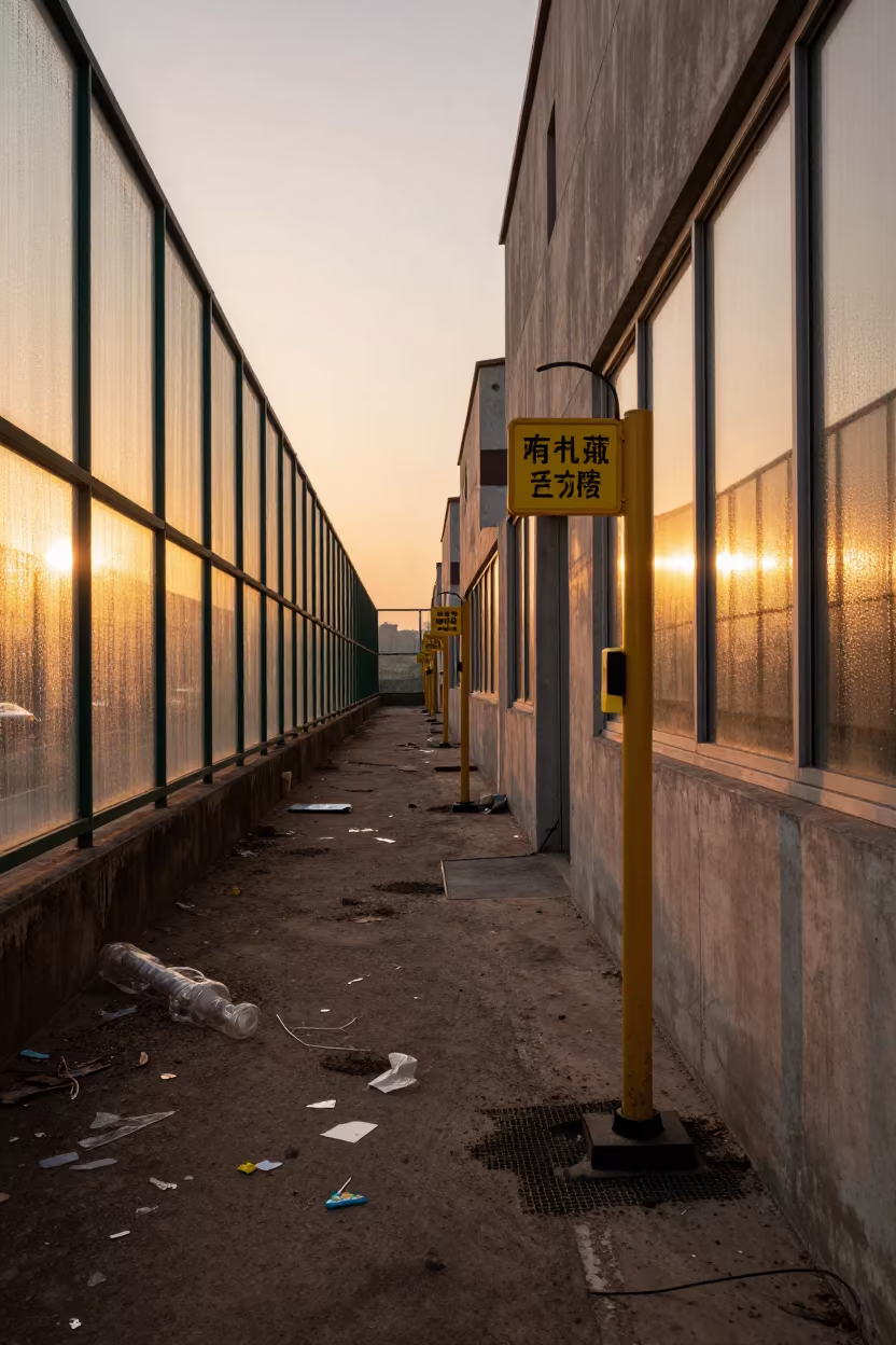 Amber Sunset Light on Warehouse Eyewash Tag Rail in inside a distribution center pick aisle in Qingdao