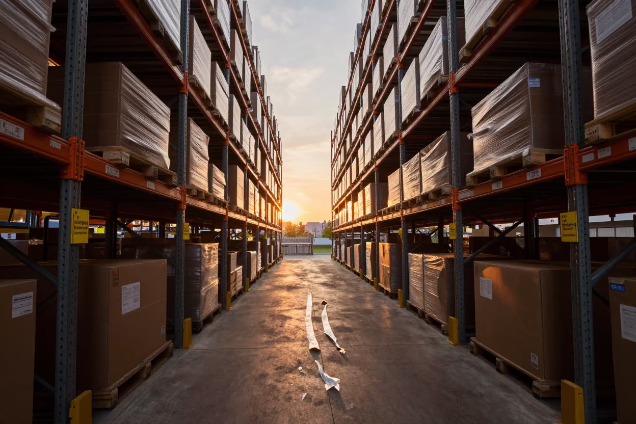 Amber Sunset Light on Warehouse Logistics Rack in inside a warehouse aisle in Stuttgart