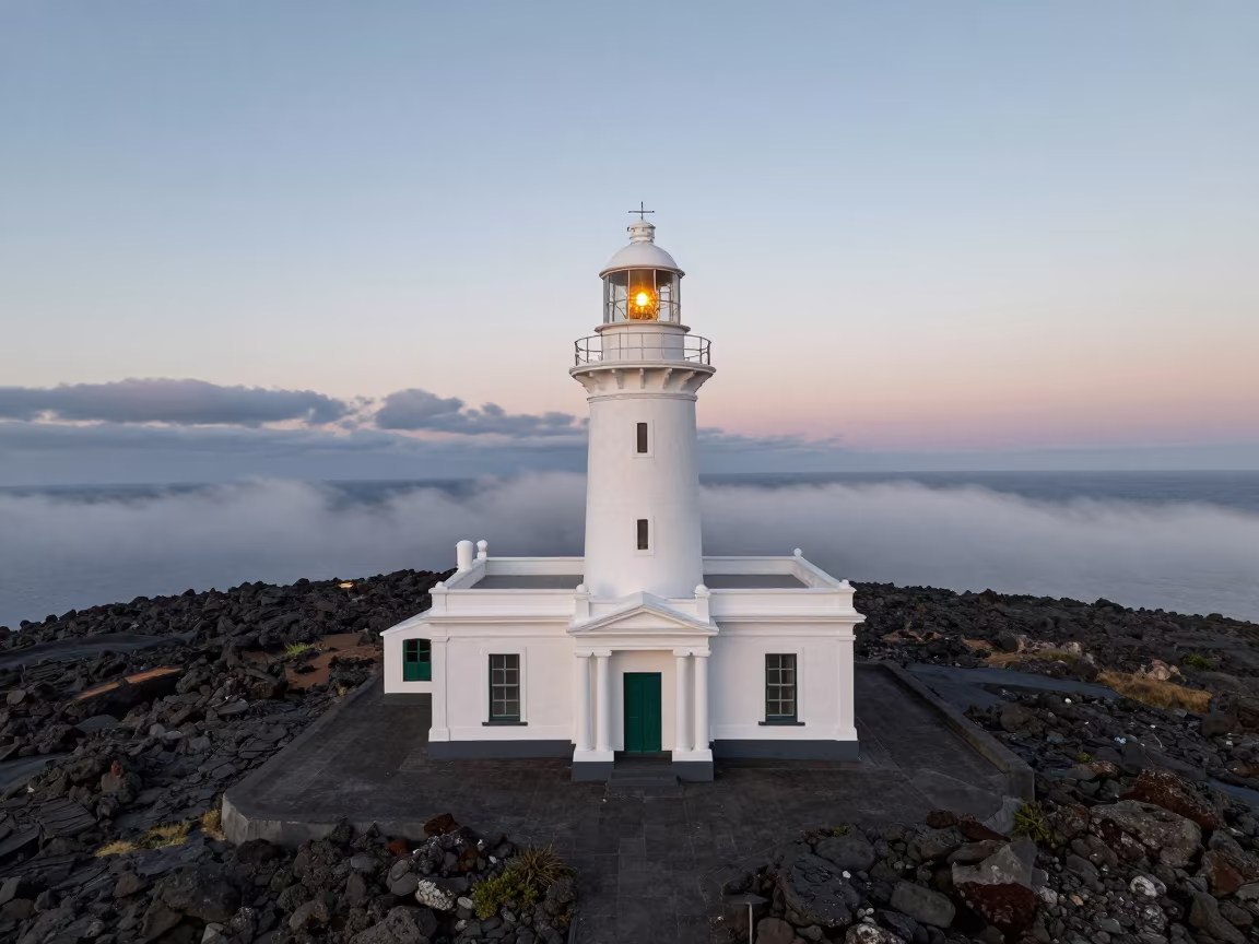 Amber Sunset Lighthouse on Comoros Rocky Island in along a colonnaded facade in Comoros