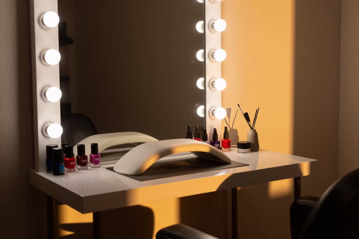 Amber Sunset Manicure Table Antalya in at a barber station beneath mirror bulbs in Antalya