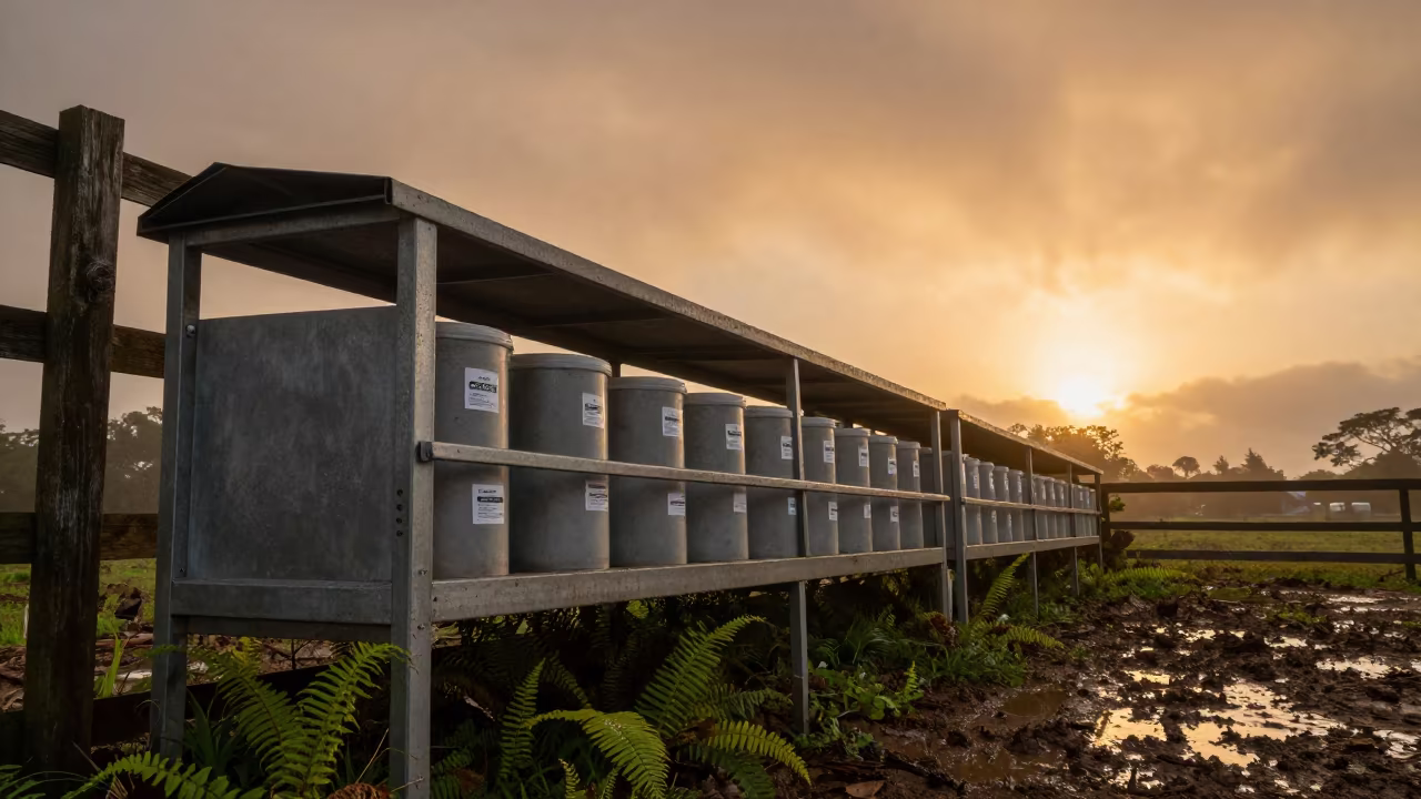 Amber Sunset Manure Cooler Shelf Bahamas in along a muddy paddock fence in Bahamas