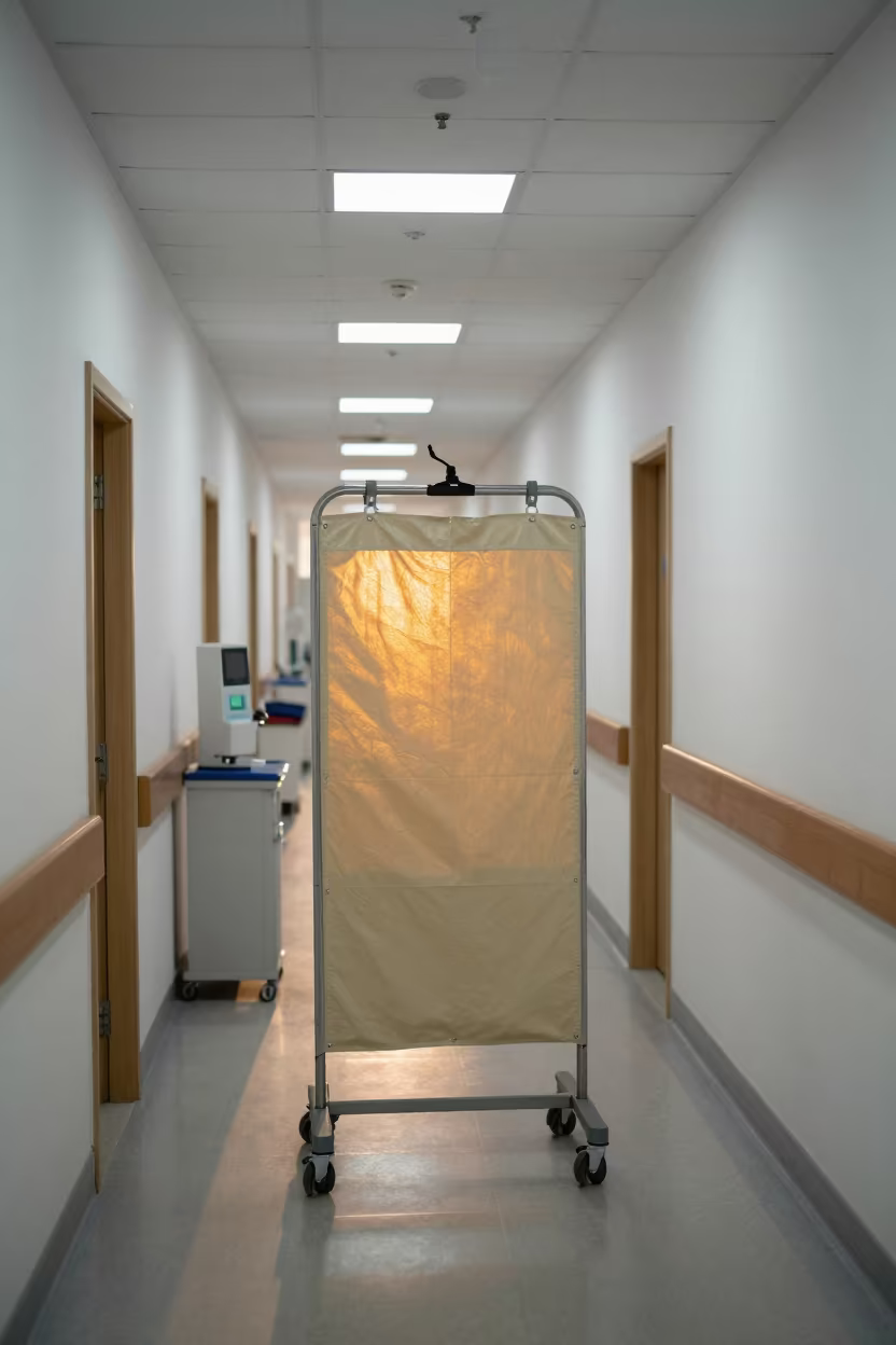 Amber Sunset Light on Medical Apron Rack Baghdad Corridor in inside a hospital corridor in Baghdad