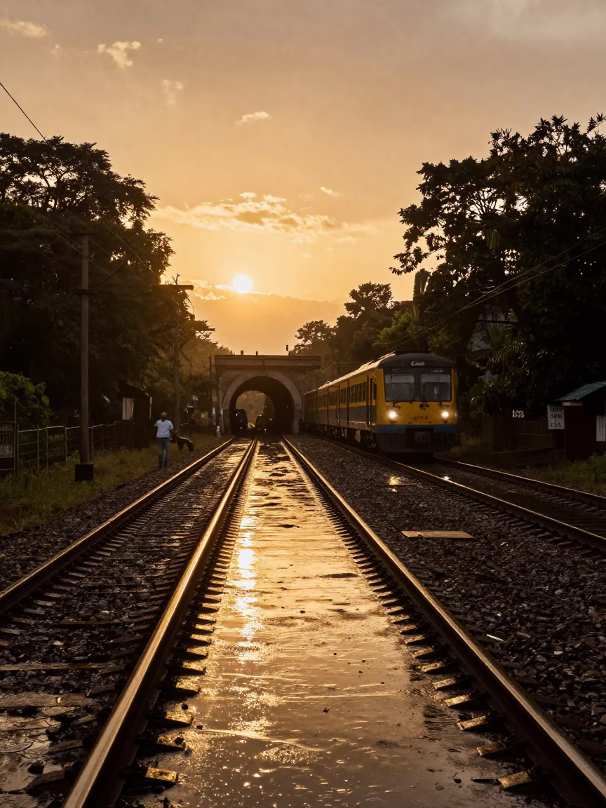Amber Sunset Metro Train Emerges From Tunnel in near Kumasi