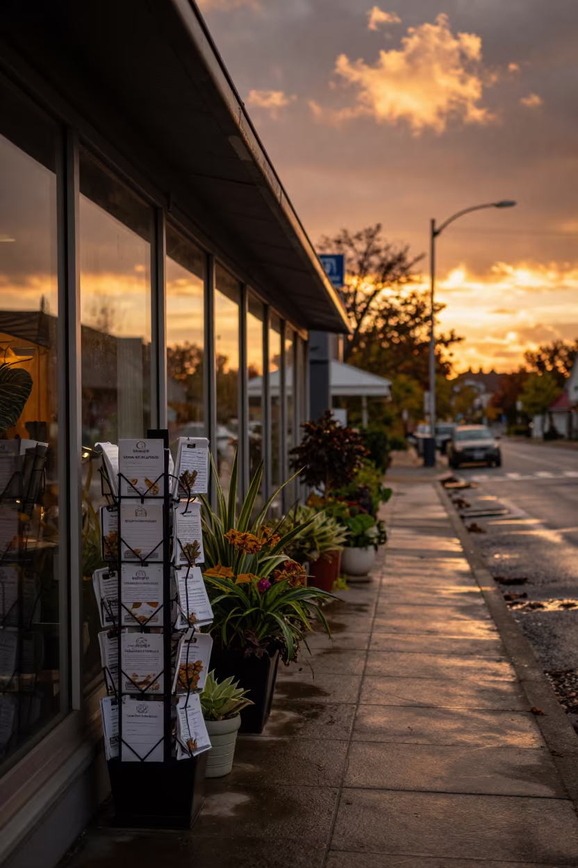 Amber Sunset Nursery Warranty Rack on Wet Tongi Street in along a storefront glass line on a wet street in Tongi