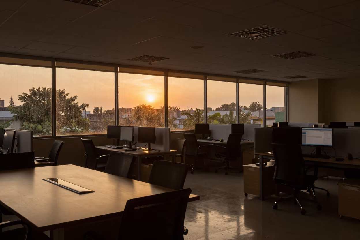 Amber Sunset Office Ceiling Grid Over Keyboards in at a boardroom table before a meeting near Lucknow