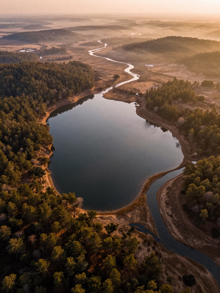 Amber Sunset Over Braided Rivers and Conifers in high above braided river channels in Rajasthan