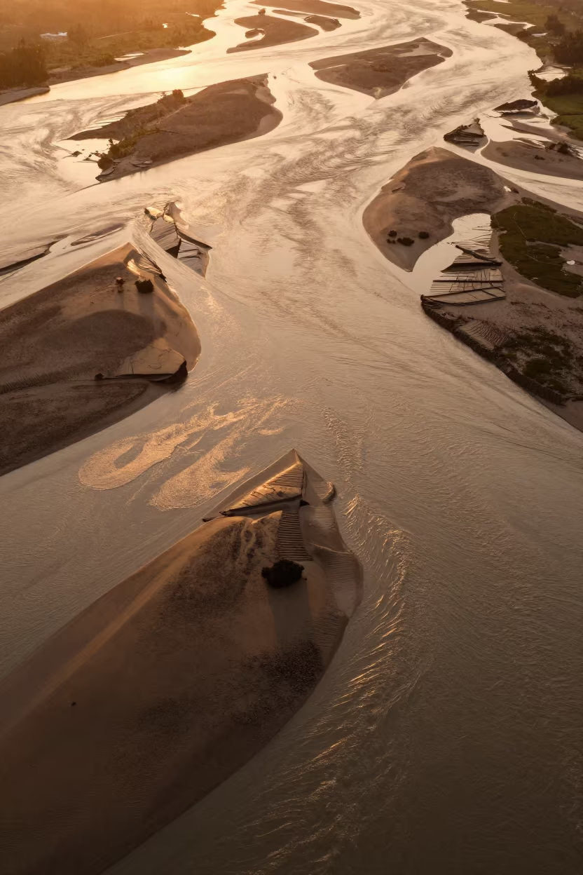 Amber Sunset Over Guangdong Braided River Silt in high above braided river channels in Guangdong