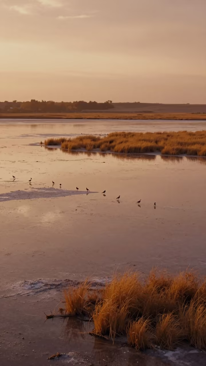 Amber Sunset Over Salt Flat Floodplain in across a floodplain after rain near Kokand