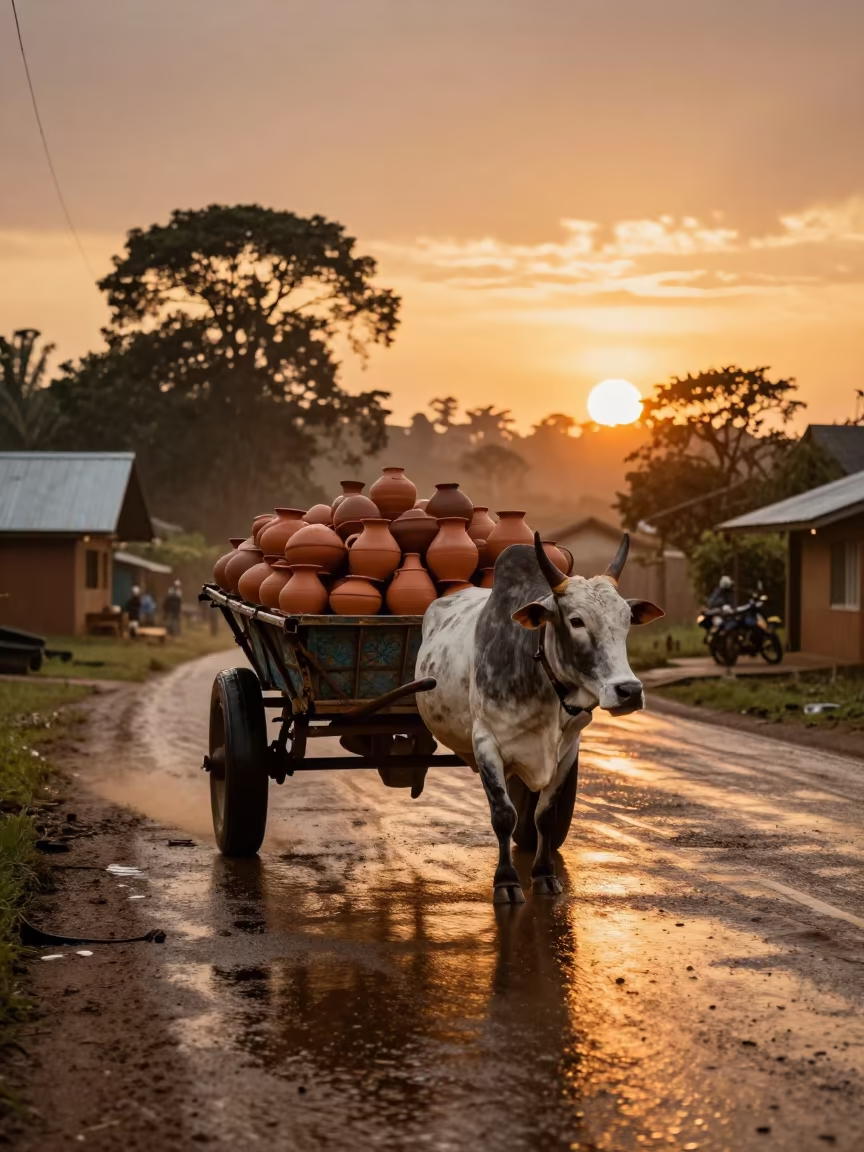 Amber Sunset Ox Cart with Pottery on Nairobi Road in along a switchback approach near Westlands, Nairobi