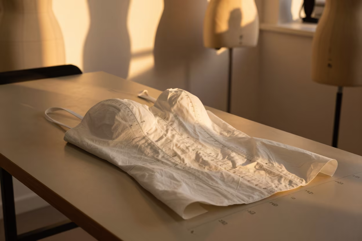 Amber Sunset Light on Padded Fitting Dress Bodice in inside a minimalist showroom in Wolverhampton