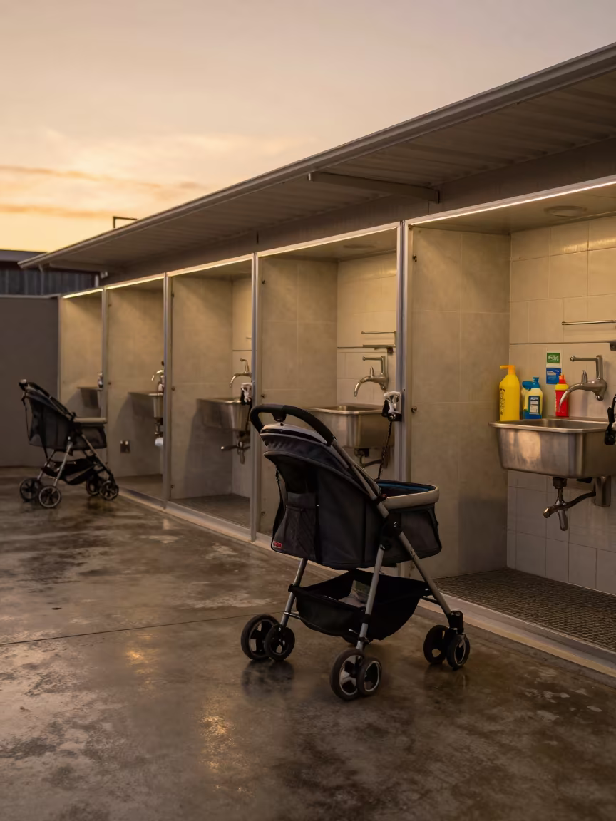 Amber Sunset Pet Stroller Display Dog Wash Goiania in at a self-serve dog wash station near Goiania