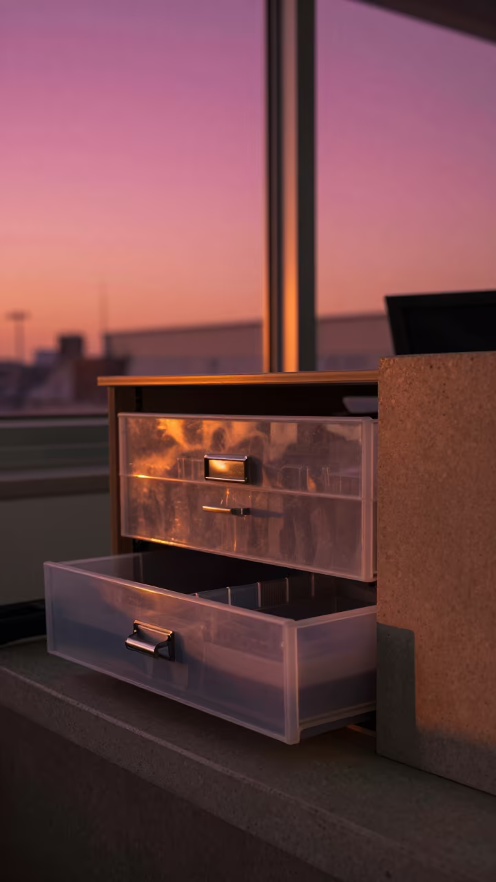 Amber Sunset Placard Binder Drawer Samawah in inside a dispatch office above the dock near Samawah