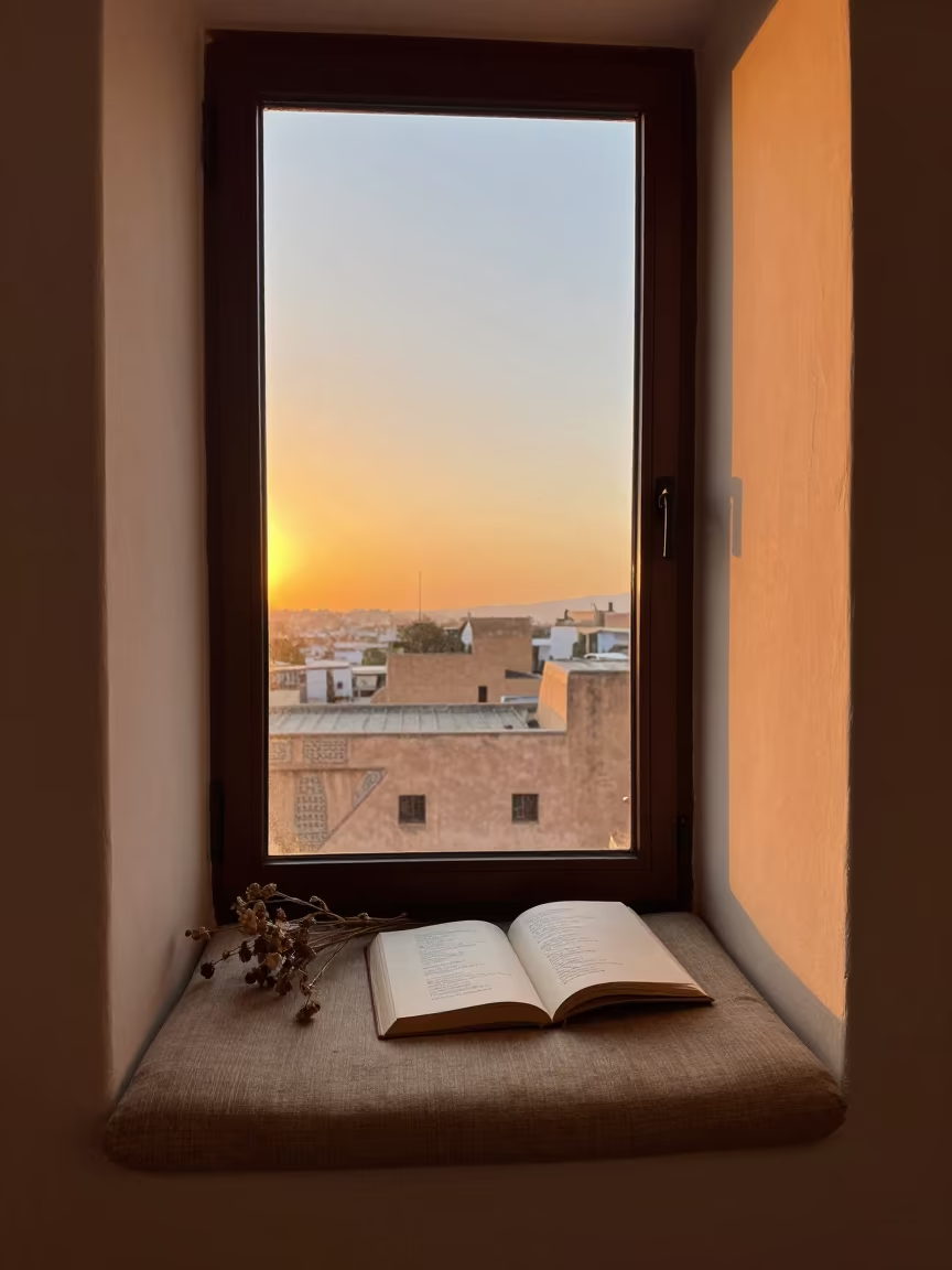 Amber Sunset Poetry Book Khenifra Window Seat in on a reading nook cushion in Khenifra