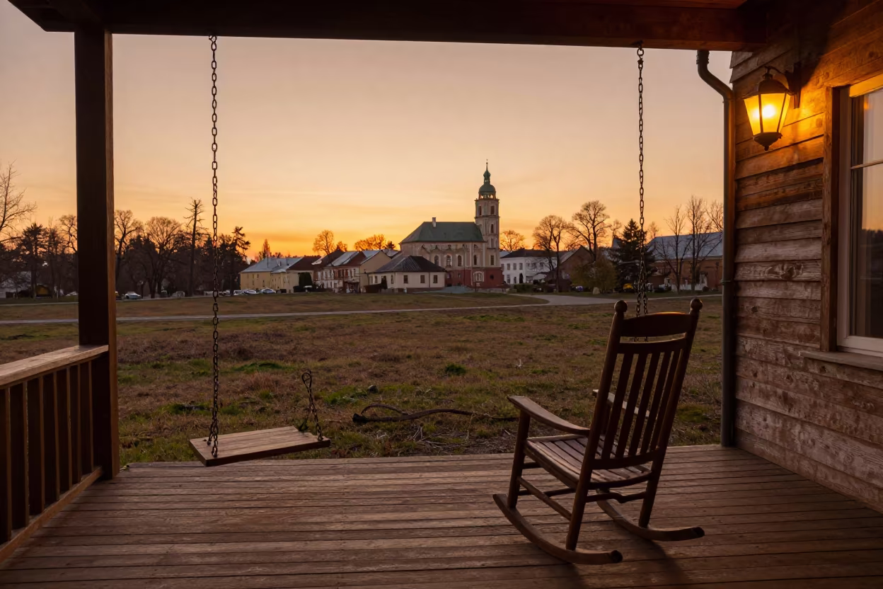 Amber Sunset Porch Swing in Lviv Meadow View in on a porch with a rocking chair in Lviv