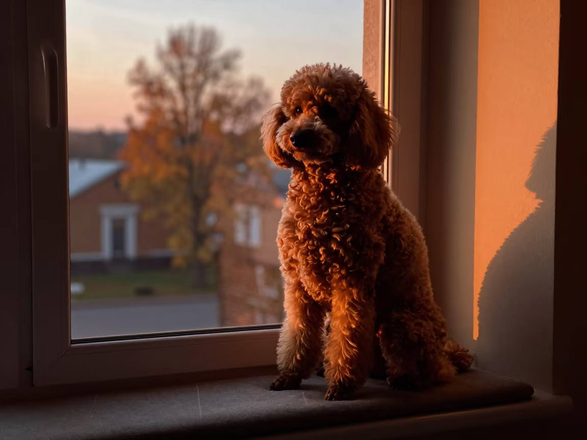 Amber Sunset Portrait of a Poodle on a Window Seat in on a cushioned window seat with soft side light and an uncluttered background in Minsk