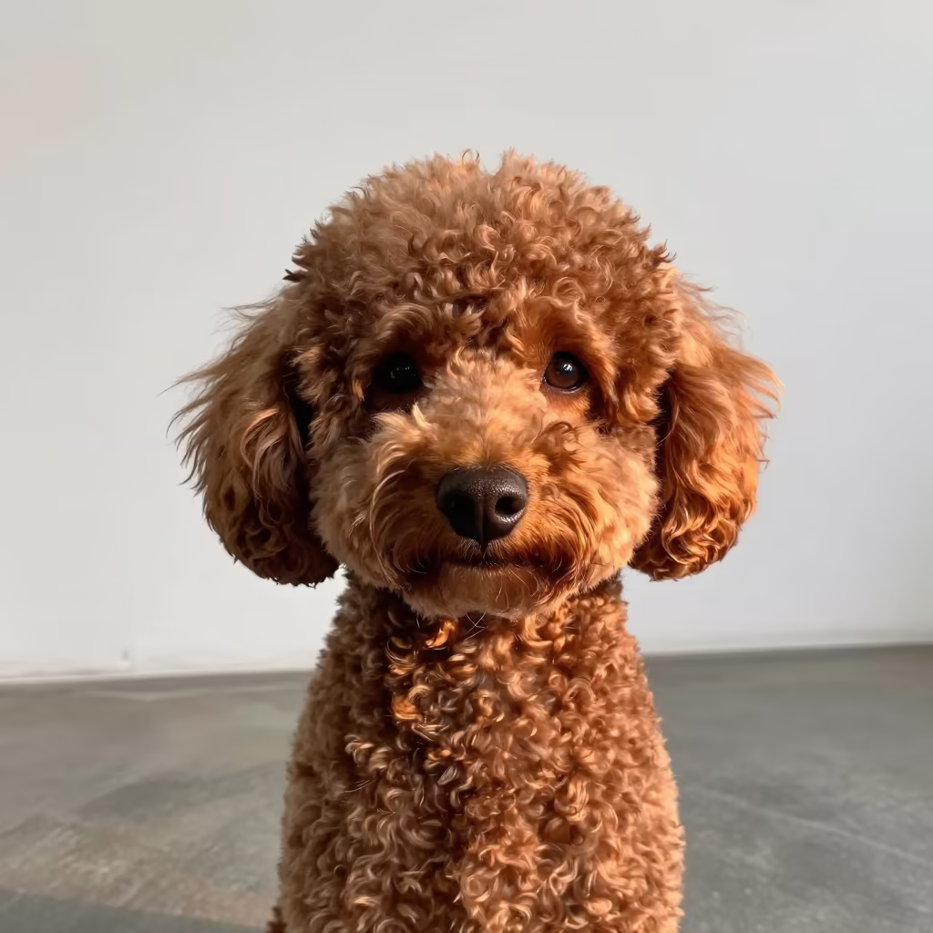 Amber Sunset Portrait of a Textured Poodle in Monastir in in a quiet portrait studio with a plain backdrop and eye-level framing in Monastir