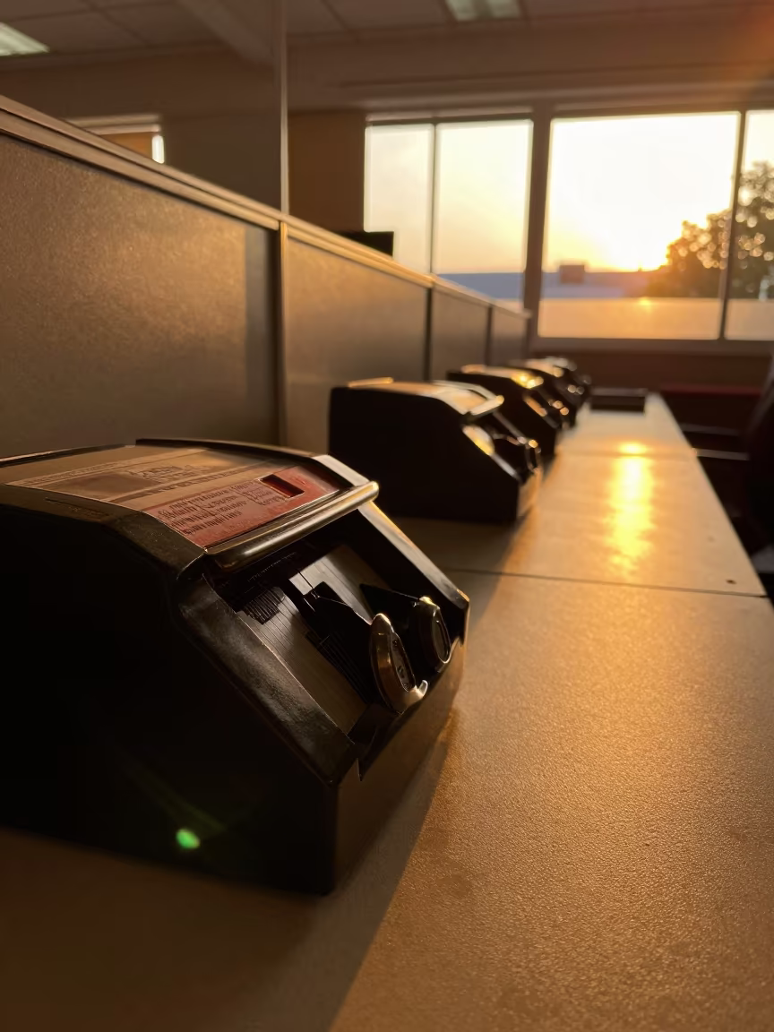 Amber Sunset Light on Postal Meter in Gonaïves Office in inside an open-plan office bay in Gonaïves