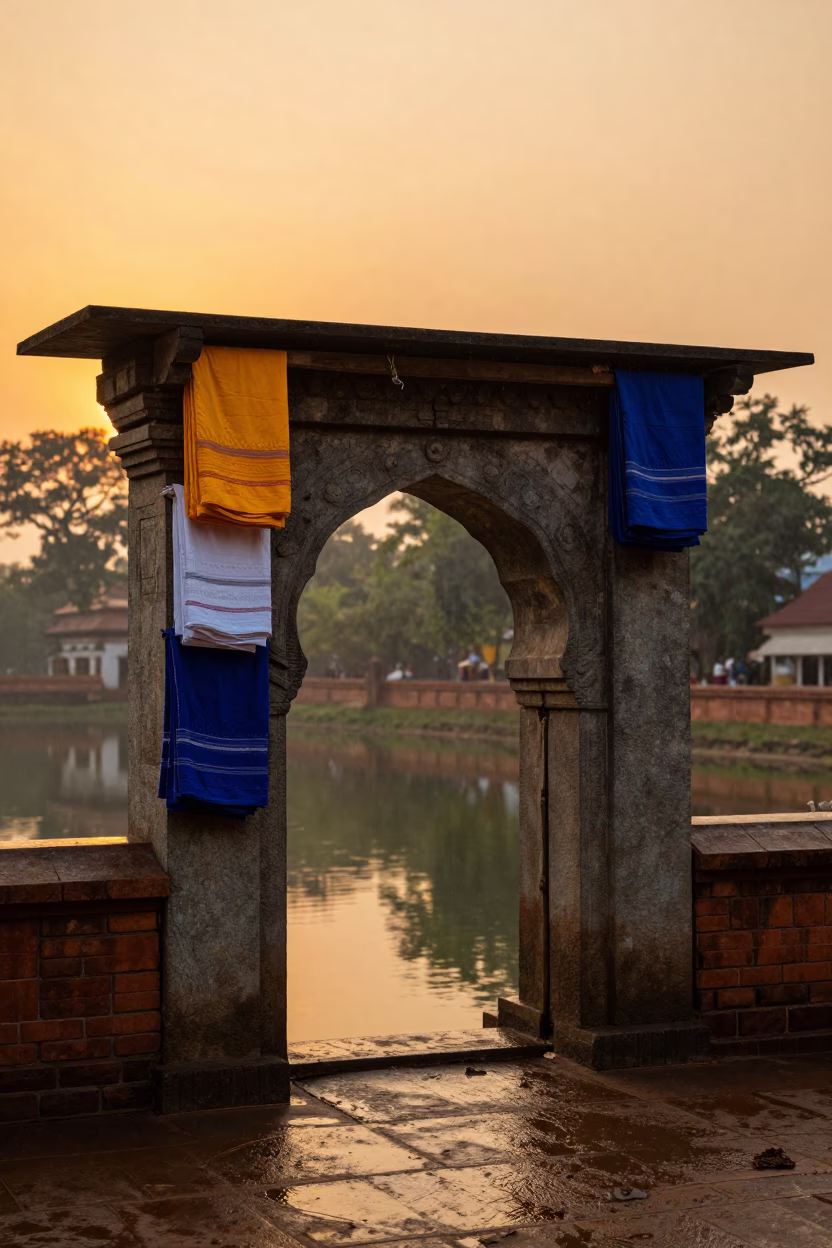 Amber Sunset Prayer Cloths on West Bengal Temple Gate in at the edge of a sacred pool in West Bengal