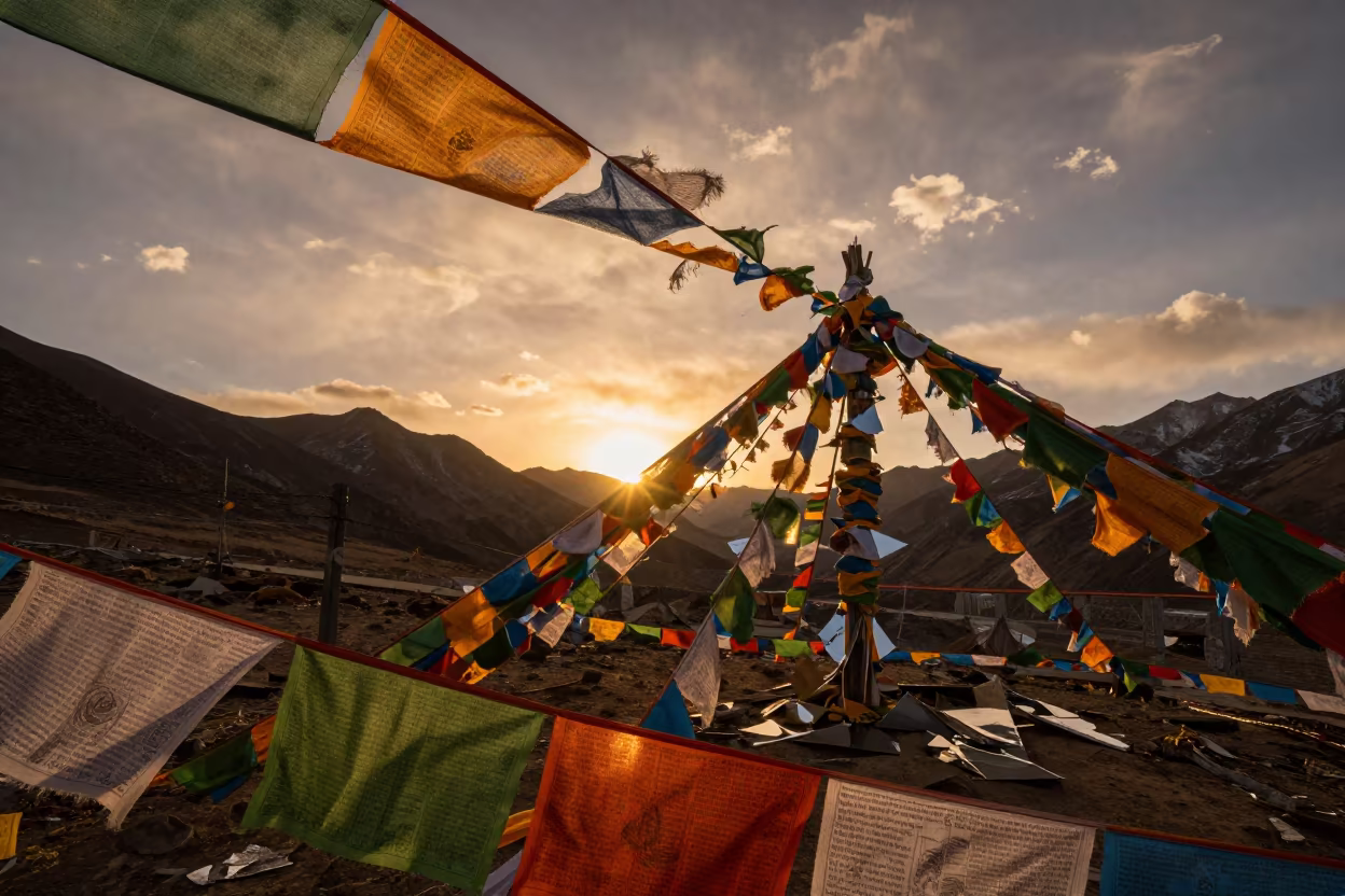 Amber Sunset Prayer Flags Lhasa Mountain Pass in along a high mountain pass beneath prayer flags near Lhasa