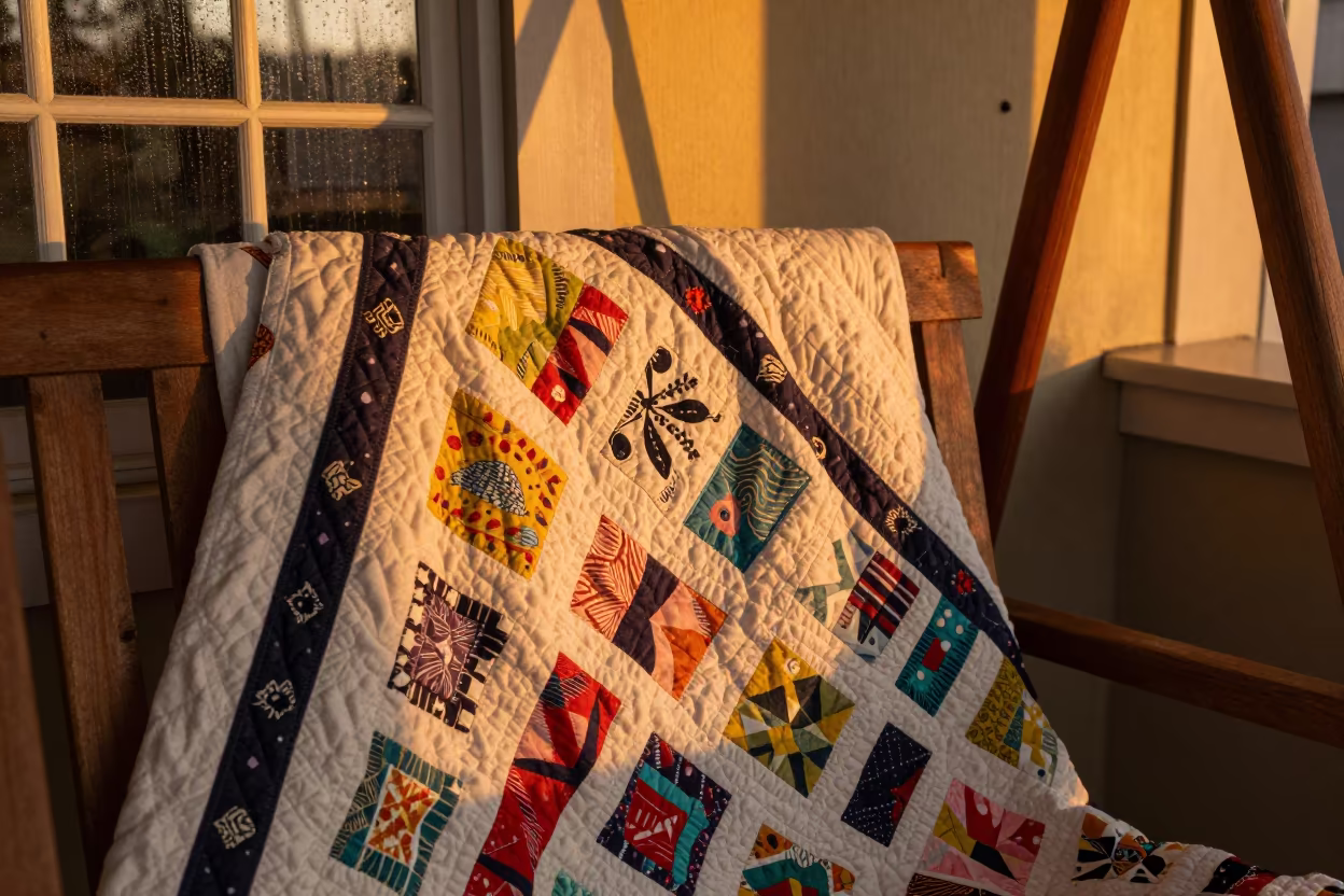 Amber Sunset Quilt on Tete Porch Swing in beside a rain-streaked window in Tete